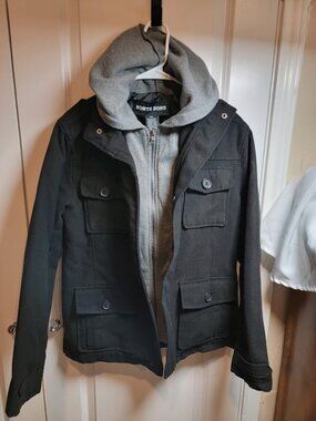 North Zone Black Utility Jacket Size Small Gray Hoodie Layered Four Pocket Coat